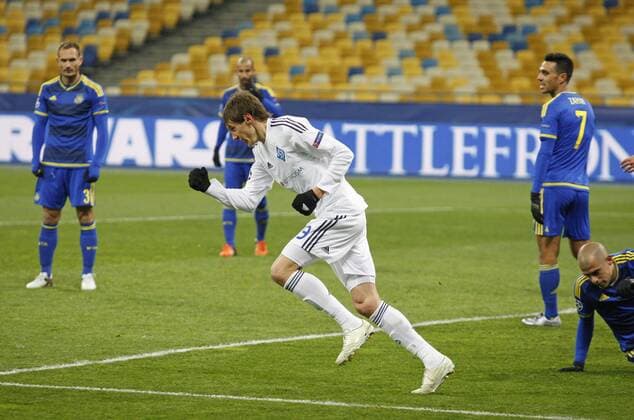 Dec. 9, 2015 - Kiev, Ukraine - DENYS GARMASH (C) of Dynamo celebrate a goal during the UEFA Champions League Group G soccer match between Dynamo Kyiv and FC Maccabi Tel-Aviv,at Olimpiyskyi stadium in Kiev, Ukraine, 09 December 2015. Soccer 2015 - DYNAMO vc MACCABI,UEFA Champions League Group G - ZUMAg194