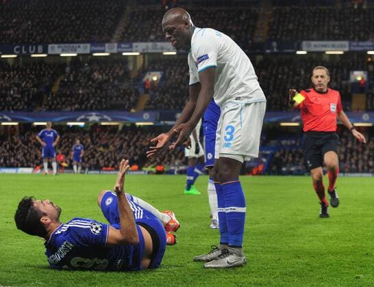 Football - 2015 2016 Chelsea v Porto - UEFA Champions League Group G Diego Costa of Chelsea complains to Bruno Martins Indi after a heavy challenge at Stamford Bridge COLORSPORT ANDREW COWIE 