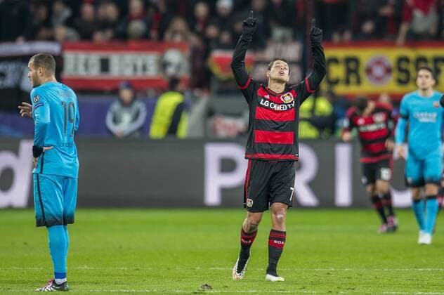Chicharito of Bayer 04 Leverkusen during the UEFA Champions League match between Bayer 04 Leverkusen and FC Barcelona Barca on December 9, 2015 at the BayArena in Leverkusen, Germany. Bayer 04 Leverkusen v FC Barcelona UEFA Champions League 2015 2016 xVIxGerritxvanxKeulenxIVx 4679671