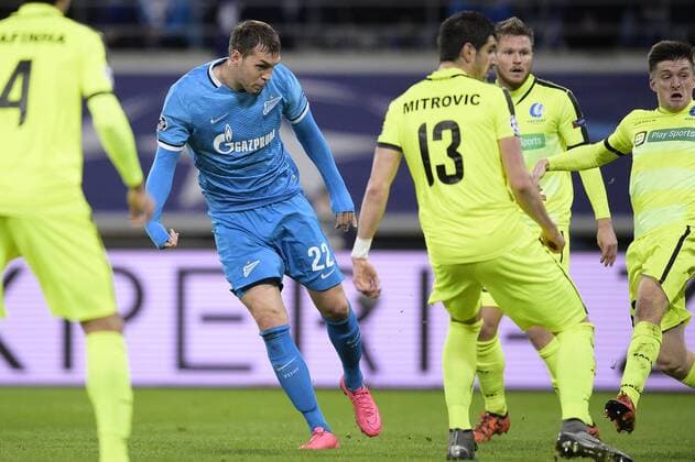 - GENT, BELGIUM: Zenit s Artem Dzyuba scoring the 1-1 goal during a soccer game between Belgian team KAA Gent and Russian club FC Zenit Saint Petersburg, Wednesday 09 December 2015, in Gent, the sixth and last day of the group stage the UEFA Champions League competition, in group H. YORICKxJANSENS  x04754674x