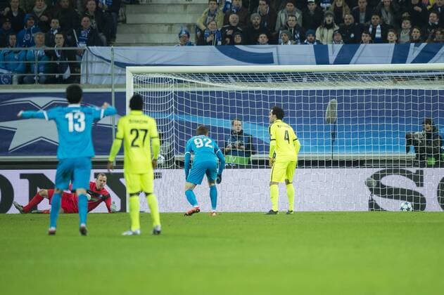 - GENT, BELGIUM: Zenit s Artem Dzyuba scores a goal during a soccer game between Belgian team KAA Gent and Russian club FC Zenit Saint Petersburg, Wednesday 09 December 2015, in Gent, the sixth and last day of the group stage the UEFA Champions League competition, in group H. JASPERxJACOBS  x04754683x
