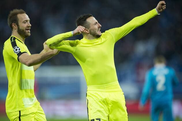 - GENT, BELGIUM: Gent s Laurent Depoitre and Gent s Danijel Milicevic celebrate after scoring during a soccer game between Belgian team KAA Gent and Russian club FC Zenit Saint Petersburg, Wednesday 09 December 2015, in Gent, the sixth and last day of the group stage the UEFA Champions League competition, in group H. JASPERxJACOBS  x04754697x