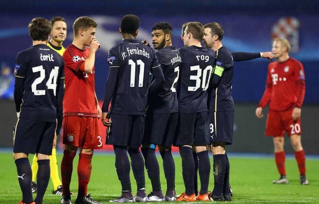 UEFA Champions League, GNK Dinamo - Bayern Muenchen 09.12.2015., Zagreb, Croatia - UEFA Champions League, group F, round 6, GNK Dinamo - Bayern Muenchen. Joshua Kimmich, El Arabi Hilal Soudani.  SlavkoxMidzor PIXSELL