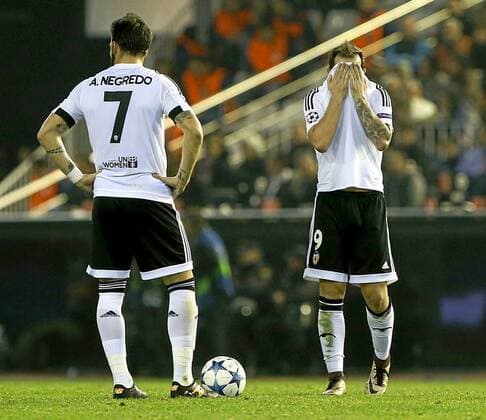Champions League match played between FC Valencia and Olympique de Lyon. In this picture, Negredo and Alcacer dejected. xJOSExANTONIOxSANZx 
