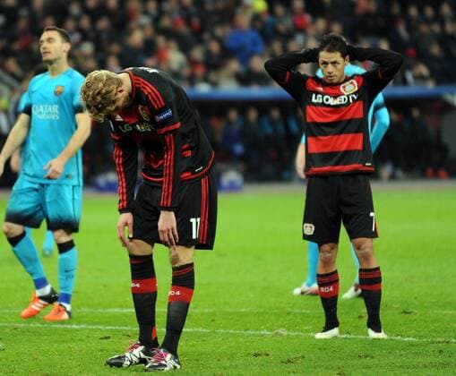 Championsleague: Bayer 04 Leverkusen - FC Barcelona Barca 09.12.2015. Stefan Kießling (vorne) und Javier Hernandez Chicharito (beide LEV) enttäuscht nach einer vergebenen Chance. HM