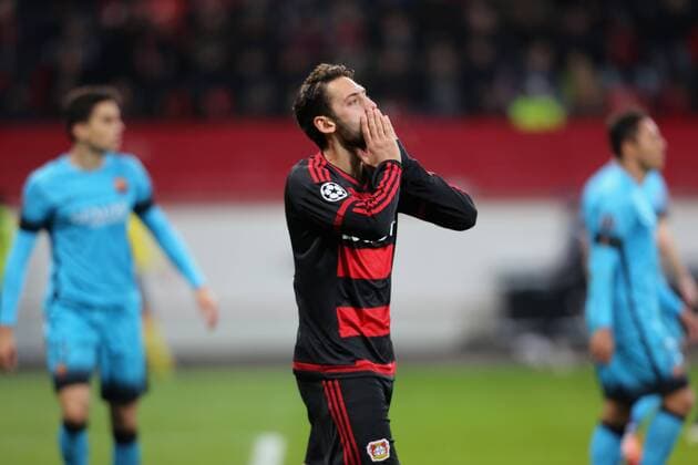 Leverkusen, Germany, 9th Dec 2015. Champions League, Bayer 04 Leverkusen vs FC Barcelona Barca Hakan Calhanoglu (Leverkusen) nach verpasster Torchance.