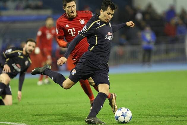 Zagreb, 09.12.2015., Stadion Maksimir, Champions League, group F, GNK Dinamo Zagreb (blue) 0-2 FC Bayern (red) Leonardo SIGALI (22) vs Robert LEWANDOWSKI (9)
