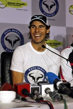 NEW DELHI, INDIA - DECEMBER 10: Rafael Nadal, Spanish Tennis player addresses during the inaugural match for a tie-up between Rafael Nadal Academy and Mahesh Bhupathi Tennis Academies (MBTA) to identify talents in India and offer them the opportunity to receive expert coaching, at R.K. Khanna Tennis Complex , RK Puram, on December 10, 2015 in New Delhi, India. (Photo by Sanchit Khanna Hindustan Times ) Rafael Nadal And Mahesh Bhupathi Tennis Academies Tie Up For Collaboration