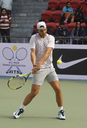 NEW DELHI, INDIA - DECEMBER 10: Rafael Nadal, Spanish Tennis player during the inaugural match for a tie-up between Rafael Nadal Academy and Mahesh Bhupathi Tennis Academies (MBTA) to identify talents in India and offer them the opportunity to receive expert coaching, at R.K. Khanna Tennis Complex , RK Puram, on December 10, 2015 in New Delhi, India. (Photo by Sanchit Khanna Hindustan Times ) Rafael Nadal And Mahesh Bhupathi Tennis Academies Tie Up For Collaboration