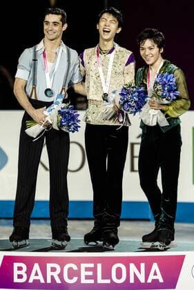Dec. 12, 2015 - Spain s World champion JAVIER FERNÃƒÂNDEZ, Japan s YUZURU HANYU and SHOMA UNO, Silver, Gold and Bronze medallists in the Men competition of the 21st ISU Grand Prix of Figure skating Eiskunstlauf Final in Barcelona - The ISU Grand Prix of Figure Skating Final, to be held jointly with the ISU Junior Grand Prix Final, is the crowning event of the Grand Prix Series circuit and the second most important event for the International Skating Union (ISU) after the World Championships. 21st ISU Grand Prix of Figure Skating Final - Day 3 - ZUMAo105