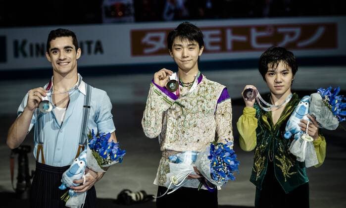 Dec. 12, 2015 - Spain s World champion JAVIER FERNÃƒÂNDEZ, Japan s YUZURU HANYU and SHOMA UNO, Silver, Gold and Bronze medallists in the Men competition of the 21st ISU Grand Prix of Figure skating Eiskunstlauf Final in Barcelona - The ISU Grand Prix of Figure Skating Final, to be held jointly with the ISU Junior Grand Prix Final, is the crowning event of the Grand Prix Series circuit and the second most important event for the International Skating Union (ISU) after the World Championships. 21st ISU Grand Prix of Figure Skating Final - Day 3 - ZUMAo105