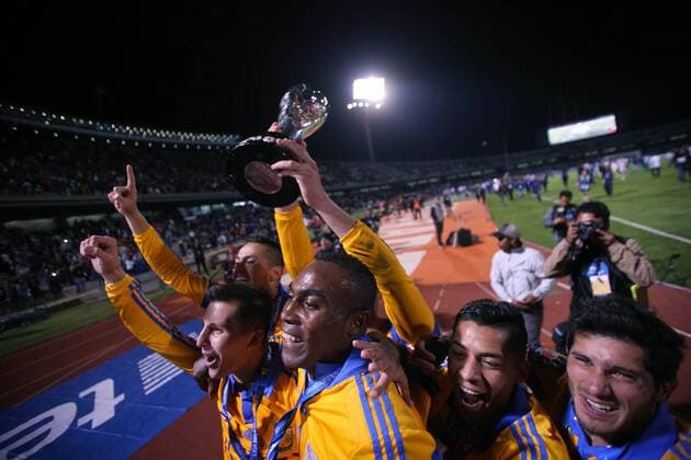 Players of Tigres celebrate after winning the final of the Opening Tournament of the MX League against Pumas in Mexico City, capital of Mexico, on Dec. 13, 2015. Tigres won 4-2 in penalties round to claim the title of the tournament. Jorge Rios) (rhj) (SP)MEXICO-MEXICO CITY-SOCCER-PUMAS VS TIGRES-FINAL e JorgexRios 