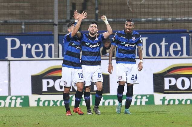 Frankfurt TOR: Fanol Perdedaj (FSV Frankfurt) trifft zum 1:0 und jubelt mit Besar Halimi (FSV Frankfurt) u. Shawn Maurice Barry (FSV Frankfurt) Copyright: RRZ Eibner-Pressefoto EP_RRZ