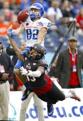 Dec. 23, 2015 - San Diego, CA, USA - SAN DIEGO, CA -DEC. 23, 2015 - Boise State s Thomas Sperbeck (82) can t make a catch as Shawun Lurry of Northern Illinois University defends during the Poinsettia Bowl. San Diego USA - ZUMAs44_ DEC 23 2015 San Diego Approx USA San Diego Approx DEC 23 2015 Boise State S Thomas 82 CAN T Make a Catch As of Northern Illinois University Defends during The Poinsettia Bowl San Diego USA ZUMAs44_ Dec 23 2015 San Diego CA USA SAN DIEGO CA DEC 23 2015 Boise State s Thomas Sperbeck 8 - ZUMA0