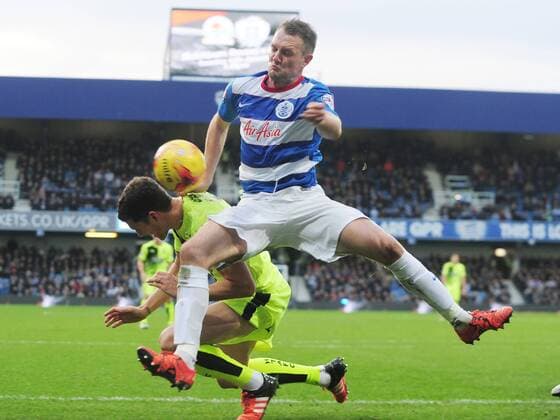 Football - 2015 2016 Championship - Queens Park Rangers vs. Huddersfield Town Clint Hill of QPR and Mark Hudson of Huddersfield at Loftus Road. COLORSPORT ANDREW COWIE 