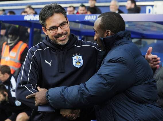 Football - 2015 2016 Championship - Queens Park Rangers vs. Huddersfield Town Huddersfield Manager David Wagner is greeted by QPR Manager Jimmy Floyd Hasselbaink at Loftus Road. COLORSPORT ANDREW COWIE 