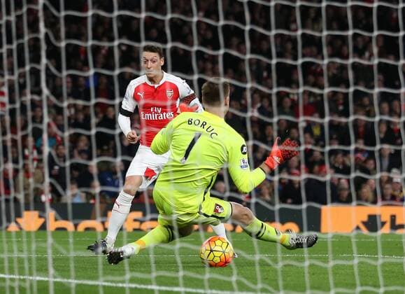 Arsenal s Mesut Ozil scoring his sides second goal Barclays Premier League- Arsenal vs AFC Bournemouth - Emirates Stadium - England - 28th December 2015 - Picture - David Klein Sportimage EDITORIAL USE ONLY. No use with unauthorised audio, video, data, fixture lists, club league logos or live services. Online in-match use limited to 120 images, no video emulation. No use in betting, games or single club league player publications.