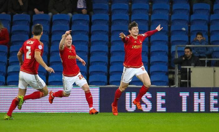 29.12.2015. Cardiff City Stadium, Cardiff, Wales. Skybet Championship. Cardiff versus Nottingham Forest. Nottingham Forest s Oliver Burke celebrates after scoring the opening goal of the game xPaulxJenkinsx  ActionPlus11692481
