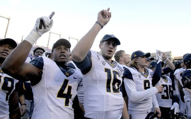 Dec. 29, 2015 - Fort Worth, TX, USA - California quarterback Jared Goff (16) and teammates sing the school song after their win over Air Force in the Lockheed Martin Armed Forces Bowl at TCU in Fort Worth, Texas, on Tuesday, Dec. 29, 2015. Armed Forces Bowl: California vs. Air Force - ZUMAm67_