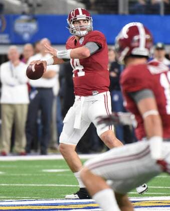 Alabama Crimson Tide quarterback Jake Coker throws against the Michigan State Spartans during the first quarter of the College Football Playoff Semifinal at the Goodyear Cotton Bowl Classic at AT&T Stadium on December 31, 2015 in Arlington, Texas.  DAL20151231106 IanxHalperin