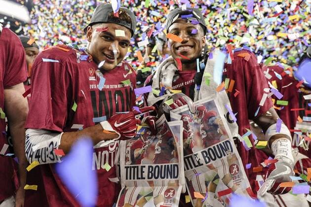 Alabama defensive backs Minkah Fitzpatrick (L) and Marlon Humphrey celebrate after the Crimson Tide defeated the Michigan State Spartans in the College Football Playoff Semifinal at the Goodyear Cotton Bowl Classic at AT&T Stadium on December 31, 2015 in Arlington, Texas. Alabama will face Clemson in the National Championship on January 11, 2016.  DAL20151231317 MICHAELxPRENGLER