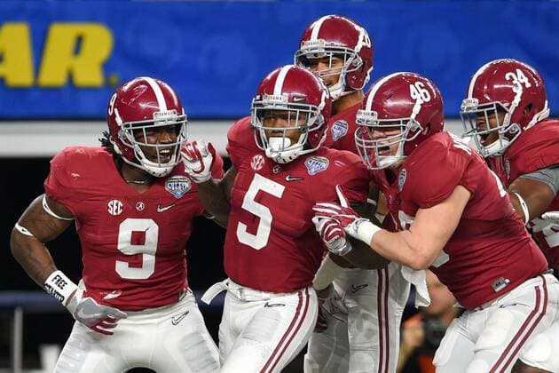 December 31, 2015: Alabama Crimson Tide punt returner Cyrus Jones (5) celebrates with teammates after returning a punt for a touchdown during the second half of the Goodyear Cotton Bowl between the Michigan State Spartans and the Alabama Crimson Tide at AT&T Stadium in Arlington, Texas. The Alabama Crimson Tide defeated the Michigan State Spartans 38-0. NCAA College League USA Football 2015: Goodyear Cotton Bowl Michigan State vs Alabama DEC 31 - ZUMAc04_