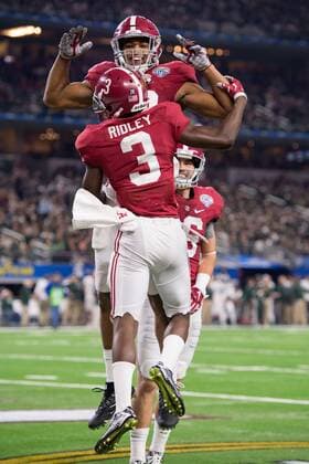 December 31, 2015: Alabama Crimson Tide wide receiver Calvin Ridley (3) celebrates with a teammate after scoring a touchdown during the second half of the Goodyear Cotton Bowl between the Michigan State Spartans and the Alabama Crimson Tide at AT&T Stadium in Arlington, Texas. The Alabama Crimson Tide defeated the Michigan State Spartans 38-0. NCAA College League USA Football 2015: Goodyear Cotton Bowl Michigan State vs Alabama DEC 31 - ZUMAc04_