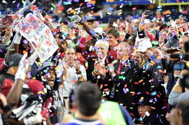 December 31, 2015: Alabama Crimson Tide head coach Nick Saban and team celebrate at trophy celebration after winning the Goodyear Cotton Bowl Classic between the Michigan State Spartans and the Alabama Crimson Tide at the AT&T in Dallas, Texas. NCAA College League USA Football 2015: Goodyear Cotton Bowl Classic Michigan State vs Alabama DEC 31 - ZUMAc04_