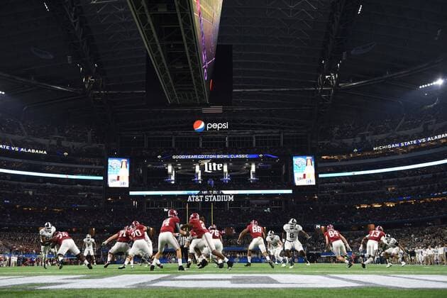 December 31, 2015: Alabama Crimson Tide quarterback David Cornwell (12) hands off to Alabama Crimson Tide running back Derrick Henry (2) during Goodyear Cotton Bowl Classic between the Michigan State Spartans and the Alabama Crimson Tide at the AT&T in Dallas, Texas. NCAA College League USA Football 2015: Goodyear Cotton Bowl Classic Michigan State vs Alabama DEC 31 - ZUMAc04_