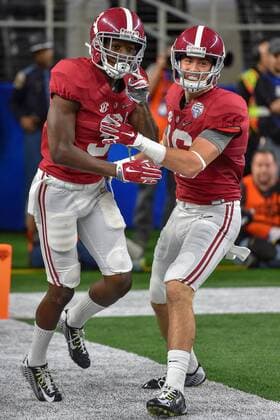 December 31st, 2015: .Alabama Crimson Tide wide receiver Calvin Ridley (3) celebrates with teammate Alabama Crimson Tide wide receiver Richard Mullaney (16) after getting a touchdown.during the 2015 Goodyear Cotton Bowl game between the Michigan State Spartans and Alabama Crimson Tide at the AT&T Stadium in Arlington Texas..Alabama wins 38-0. NCAA College League USA Football 2015: Goodyear Cotton Bowl Classic Michigan State vs Alabama DEC 31 - ZUMAcf3_