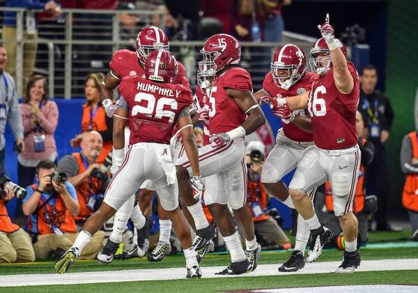 December 31st, 2015: .Alabama Crimson Tide defensive back Cyrus Jones (5) has a 57-yard punt return for a touchdown as teammates Alabama Crimson Tide defensive back Anthony Averett (28) and Alabama Crimson Tide tight end Michael Nysewander (46) celebrate during the 2015 Goodyear Cotton Bowl game between the Michigan State Spartans and Alabama Crimson Tide at the AT&T Stadium in Arlington Texas..Alabama wins 38-0. NCAA College League USA Football 2015: Goodyear Cotton Bowl Classic Michigan State vs Alabama DEC 31 - ZUMAcf3_