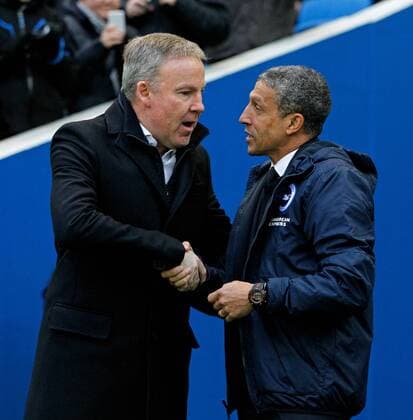 Football - 2015 2016 The Championship - Brighton and Hove Albion vs.Wolverhampton Wanderers Brighton and Hove Albion s Manager Chris Hughton shakes hands with Wolverhampton Wanderers Head Coach Kenny Jackett before kick off at the Amex Stadium Brighton Colorsport Shaun Boggust 