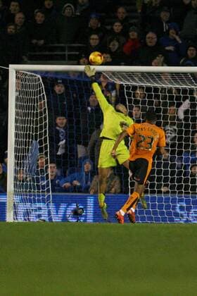 Football - 2015 2016 The Championship - Brighton and Hove Albion vs.Wolverhampton Wanderers Carl Ikeme of Wolverhampton Wanderers makes a last minute finger tip save to stop a late equaliser for Brighton at the Amex Stadium Brighton Colorsport Shaun Boggust 