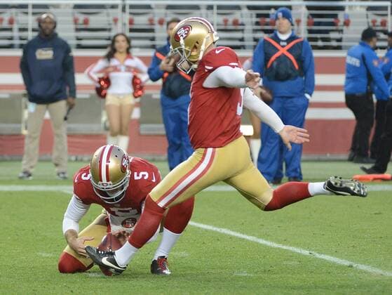 San Francisco 49ers kicker Phil Dawson kicks a 23 yard game winning field goal from the hold of Bradley Pinion (5) against the St. Louis Rams in overtime at Levi s Stadium in Santa Clara, California on January 3, 2016. The 49ers defeated the Rams 19-16 in overtime.  SXP2016010311 TERRYxSCHMITT