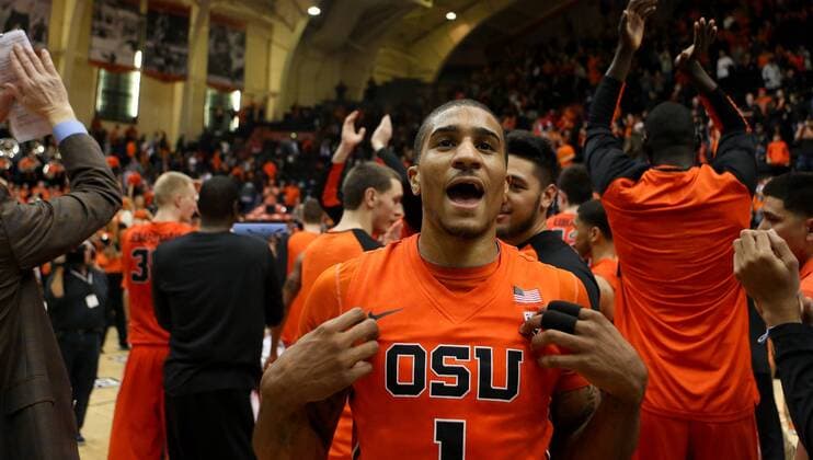 Jan. 3, 2016 - GARY PAYTON II (1) celebrates a win. Oregon State Beavers host the University of Oregon Ducks at Gill Coliseum in Corvallis, OR, on Janurary 3rd, 2016. Photo by Pac 12 NCAA College League USA Basketball - Oregon State vs. University of Oregon - ZUMAb135