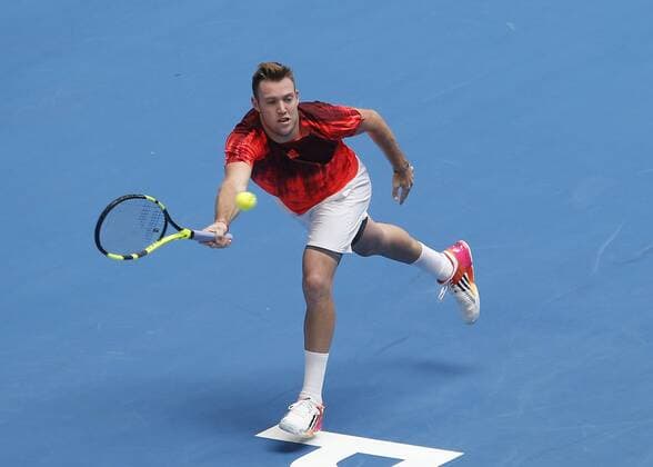 Jan. 4, 2016 - Perth, Australia - JACK SOCK (USA) hits a forehand shot against ALEX DOLGOPOLOV (UKR) during the men s singles on Day 2 at the Hopman Cup tennis tournament in Perth, Australia. Sports News - Jan. 4, 2016 - ZUMAk129