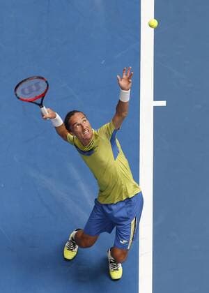 Jan. 4, 2016 - Perth, Australia - ALEX DOLGOPOLOV (UKR) serves the ball against JACK SOCK (USA) during the men s singles on Day 2 at the Hopman Cup tennis tournament in Perth, Australia. Sports News - Jan. 4, 2016 - ZUMAk129