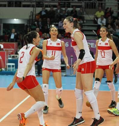 2016 European Olympic Qualification Pool A match Turkey and Croatia in Ankara on January 4, 2016. Final Score: Turkey 3 - Croatia 0 Pictured: Gozde Kirdar 2 , Eda Erdem Gundar 14 of Turkey . 