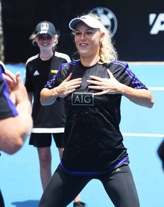04.01.2016. Auckland, New Zealand. Caroline Wozniacki does a haka to Sam Cane during a promotional match ahead of the ASB Classic Tennis Women s tournamnent. ASB Tennis Centre, Stanley st, Auckland, New Zealand. Monday 4 January 2016. xAndrewxCornagax  ActionPlus11693999