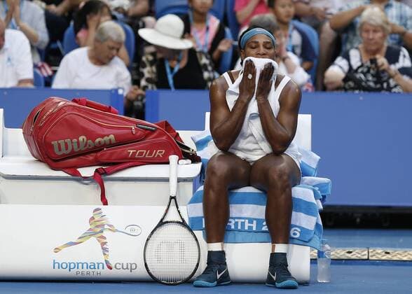 Jan. 5, 2016 - Perth, Western Australia, AUSTRALIA - SERENA WILLIAMS (USA) seen during the interchange of ends before retiring hurt against JARMILA WOLFE (AUS) in their women s singles match on Day 3 at the Hopman Cup tennis tournament in Perth, Australia, Tuesday Jan. 5, 2016. Hopman Cup Tennis - ZUMAk129