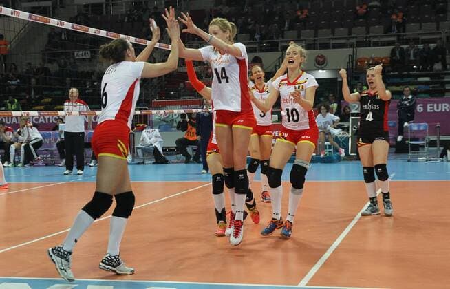 2016 European Olympic Qualification Pool B DAY 2 - match Poland and Belgium at Baskent Volleyball Hall in Ankara on January 5, 2016. Final Score: Poland 1 - Belgium 3 Pictured: Belgium players celebrate after the victory. 