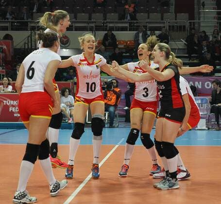 2016 European Olympic Qualification Pool B DAY 2 - match Poland and Belgium at Baskent Volleyball Hall in Ankara on January 5, 2016. Final Score: Poland 1 - Belgium 3 Pictured: Belgium players celebrate after the victory. 