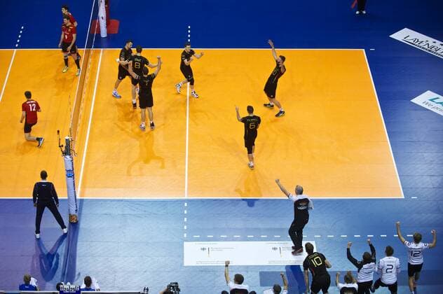 Volleyball Berlin 05.01.2016 European Continental Olympic Qualification Tournament MaÌˆnner Herren Belgien (BEL) - Deutschland (GER) Jubel Deutschland nach dem 0:3