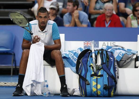 Jan. 6, 2016 - Perth, Western Australia, Australia - NICK KYRGIOS (AUS) sits during a game changeover during his match against Andy Murray (GBR) in their men s singles match on Day 4 at the Hopman Cup tennis tournament in Perth, Australia. Hopman Cup Tennis - ZUMAk129