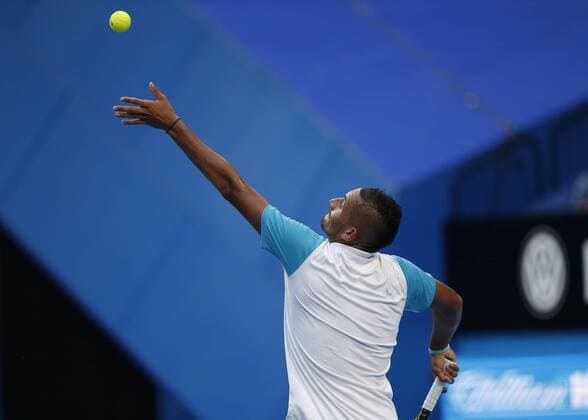 Jan. 6, 2016 - Perth, Western Australia, Australia - NICK KYRGIOS (AUS) serves the ball against Andy Murray (GBR) during their men s singles match on Day 4 at the Hopman Cup tennis tournament in Perth, Australia. Hopman Cup Tennis - ZUMAk129