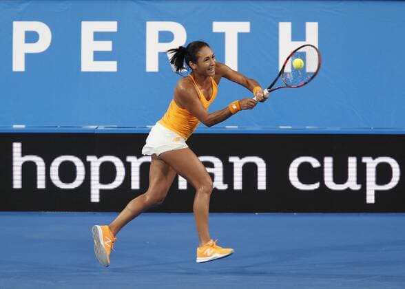 Jan. 6, 2016 - Perth, Western Australia, Australia - HEATHER WATSON (GBR) hits a backhand shot against Daria Gavrilova (AUS) during their women s singles match on Day 4 at the Hopman Cup tennis tournament in Perth, Australia. Hopman Cup Tennis - ZUMAk129