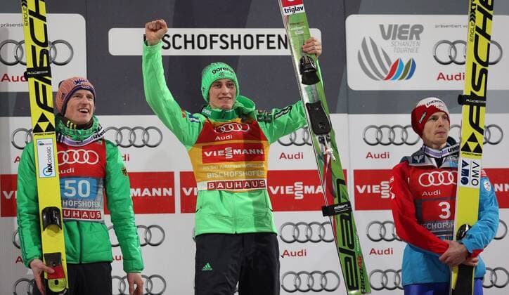 NORDIC SKIING - FIS WC Bischofshofen, Four Hills Tournament BISCHOFSHOFEN,AUSTRIA,06.JAN.16 - NORDIC SKIING, Ski jumping Skispringen Ski nordisch - FIS World Cup, Four Hills Tournament, large hill, men, award ceremony. Image shows the rejoicing of Severin Freund (GER), Peter Prevc (SLO) and Michael Hayboeck (AUT). GEPAxpictures xThomasxBachun