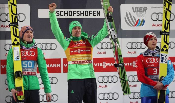NORDIC SKIING - FIS WC Bischofshofen, Four Hills Tournament BISCHOFSHOFEN,AUSTRIA,06.JAN.16 - NORDIC SKIING, Ski jumping Skispringen Ski nordisch - FIS World Cup, Four Hills Tournament, large hill, men, award ceremony. Image shows the rejoicing of Severin Freund (GER), Peter Prevc (SLO) and Michael Hayboeck (AUT). GEPAxpictures xThomasxBachun