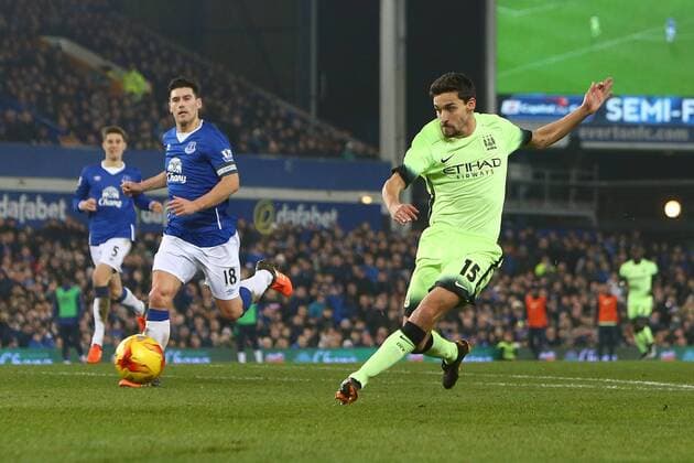 Jesus Navas of Manchester City scores his sides first goal - Everton vs Manchester City - Capital One League Cup - Goodison Park - Liverpool - 06 01 2016 Pic Philip Oldham SportImage EDITORIAL USE ONLY. No use with unauthorised audio, video, data, fixture lists, club league logos or live services. Online in-match use limited to 120 images, no video emulation. No use in betting, games or single club league player publications.