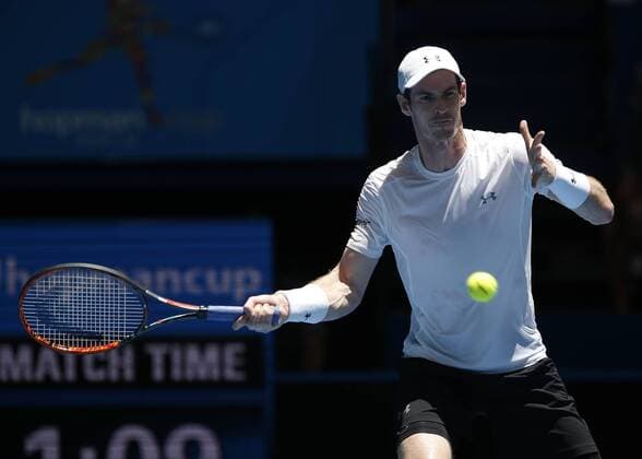 Jan. 8, 2016 - Perth, Western Australia, Australia - ANDY MURRAY (GBR) hits a forehand shot against Alexander Zverev (GER) during the men s singles match on Day 6 at the Hopman Cup tennis tournament in Perth, Australia. Hopman Cup Tennis - ZUMAk129